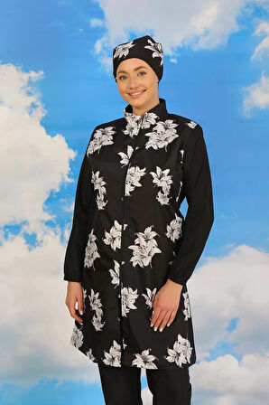 Kadın Pantolonlu Desenli Tam Tesettür Mayo Siyah