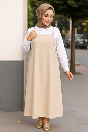 Kadın Taş Rengi Basic Ayarlanabilir Askılı Jile Elbise