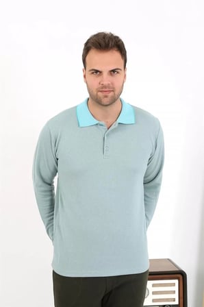 Erkek Polo Yaka Uzun Kol Penye Pijama Takımı Su Yeşili
