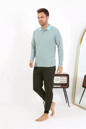 Erkek Polo Yaka Uzun Kol Penye Pijama Takımı Su Yeşili