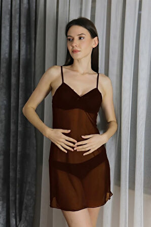 Kadın Fantezi Tül Gecelik Kahve