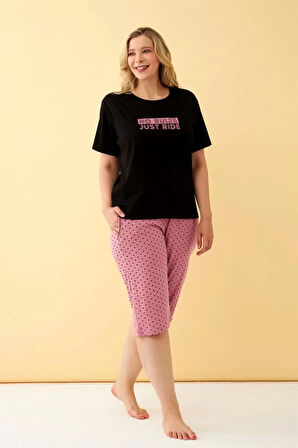 Kadın Siyah “No Rules Just Ride” Yazılı Büyük Beden Kapri Pijama Takımı