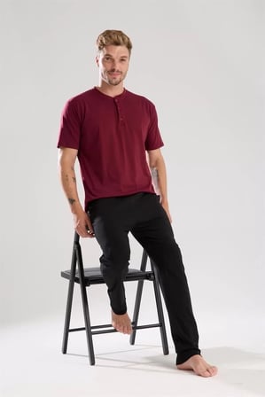 Erkek Bordo Düğmeli Yaka Kısa Kol Pijama Takımı