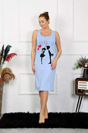 Kadın Kalın Askılı Penye Uzun Mavi Gecelik