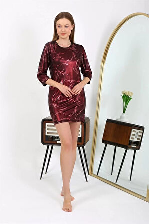 Kadın Micro Kumaş Mini Parlak Elbise Bordo