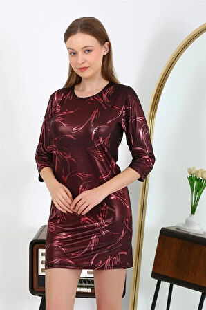 Kadın Micro Kumaş Mini Parlak Elbise Bordo