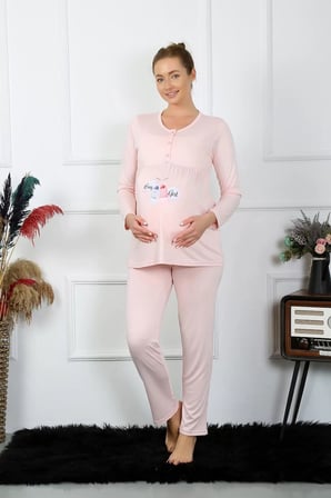 Kadın Uzun Kol Hamile Lohusa Pijama Takımı Pudra