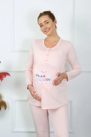 Kadın Uzun Kol Hamile Lohusa Pijama Takımı Pudra