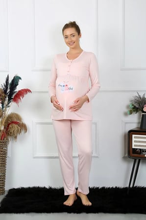 Kadın Uzun Kol Hamile Lohusa Pijama Takımı Pudra