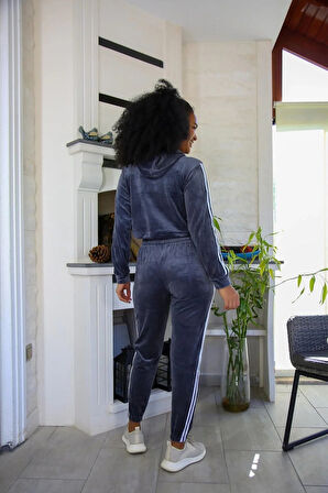 Kadın Kadife Kapşonlu Eşofman Takım Gri