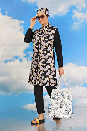 Kadın Pantolonlu Desenli Tam Tesettür Mayo Lacivert