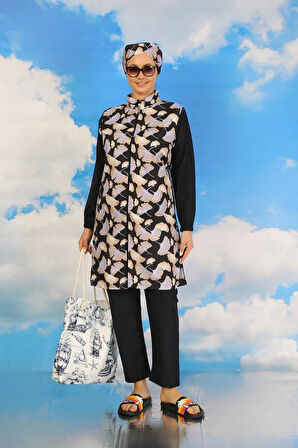 Kadın Pantolonlu Desenli Tam Tesettür Mayo Lacivert