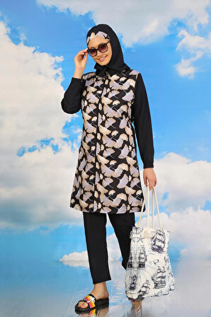 Kadın Pantolonlu Desenli Tam Tesettür Mayo Lacivert