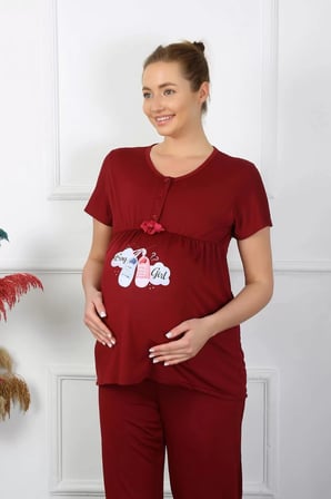 Kadın Kısa Kol Hamile Lohusa Pijama Takımı Bordo