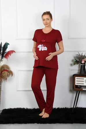 Kadın Kısa Kol Hamile Lohusa Pijama Takımı Bordo