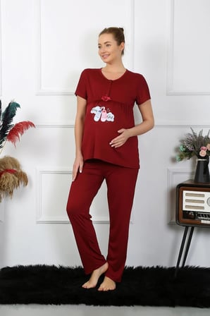 Kadın Kısa Kol Hamile Lohusa Pijama Takımı Bordo