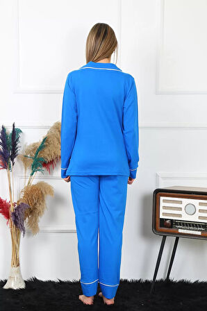 Kadın Pamuk Penye Önden Düğmeli Uzun Kol Saks Pijama Takım