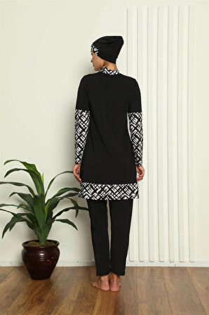 Tam Tesettür Dijital Desenli Mayo Siyah