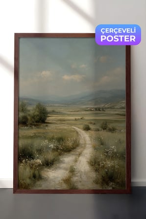 Vintage Duvar Tablosu, Kır Yolu ve Dağ Manzarası Kahverengi Çerçeveli No: 20077