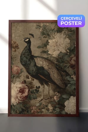 Vintage Duvar Tablosu, Çiçekler Arasında Tavus Kuşu Kahverengi Çerçeveli No: 20130