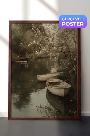 Vintage Duvar Tablosu, Göl Kenarında Sandal Kahverengi Çerçeveli No: 20133