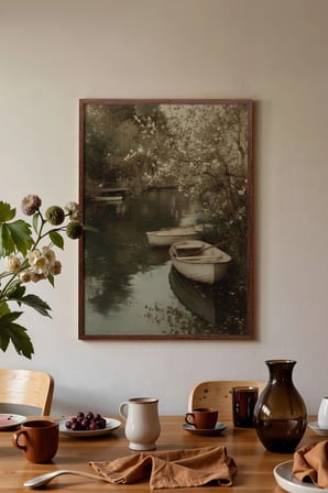 Vintage Duvar Tablosu, Göl Kenarında Sandal Kahverengi Çerçeveli No: 20133