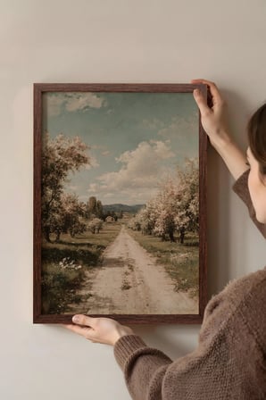 Vintage Duvar Tablosu, Çiçek Ağaçlı Kır Yolu Kahverengi Çerçeveli No: 20072