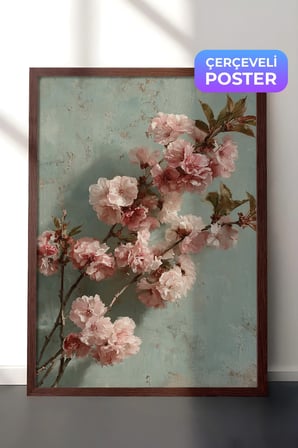 Vintage Duvar Tablosu, Pembe Çiçek Dalları Kahverengi Çerçeveli No: 20136