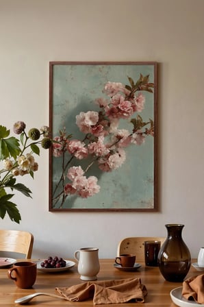 Vintage Duvar Tablosu, Pembe Çiçek Dalları Kahverengi Çerçeveli No: 20136