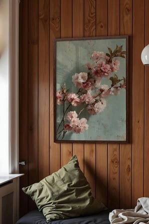 Vintage Duvar Tablosu, Pembe Çiçek Dalları Kahverengi Çerçeveli No: 20136