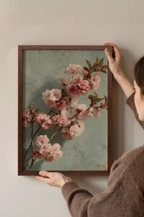Vintage Duvar Tablosu, Pembe Çiçek Dalları Kahverengi Çerçeveli No: 20136