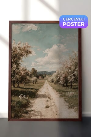 Vintage Duvar Tablosu, Çiçek Ağaçlı Kır Yolu Kahverengi Çerçeveli No: 20072