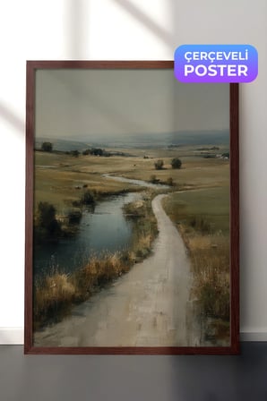 Vintage Duvar Tablosu, Nehir Kenarı Toprak Yol Kahverengi Çerçeveli No: 20078