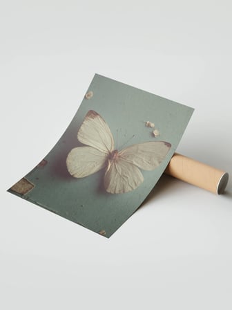Vintage Duvar Posteri, Beyaz Kelebek Yakın Çekim Poster No: 20139