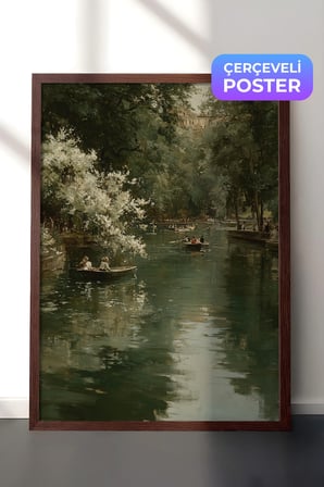Vintage Duvar Tablosu, Yeşil Nehir ve Sandal Kahverengi Çerçeveli No: 20144