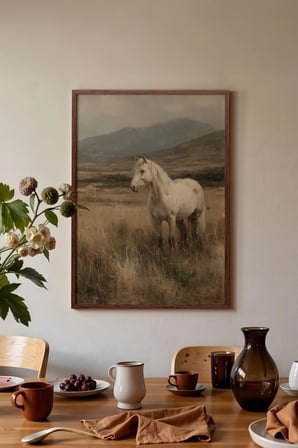 Vintage Duvar Tablosu, Kırda Beyaz At Kahverengi Çerçeveli No: 20150