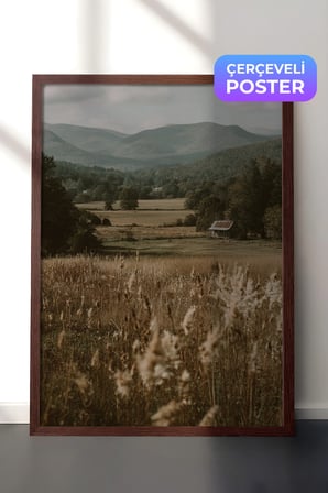 Vintage Duvar Tablosu, Dağ Eteğinde Kır Evi Kahverengi Çerçeveli No: 20154