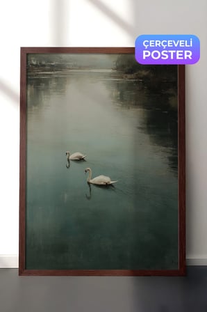 Vintage Duvar Tablosu, Göl Üzerinde Beyaz Kuşlar Kahverengi Çerçeveli No: 20158