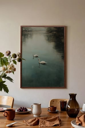 Vintage Duvar Tablosu, Göl Üzerinde Beyaz Kuşlar Kahverengi Çerçeveli No: 20158