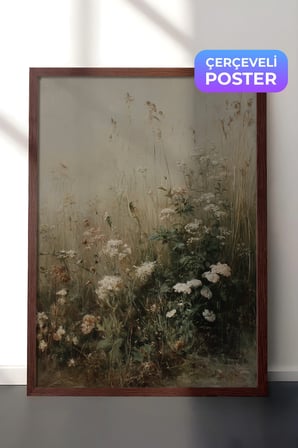 Vintage Duvar Tablosu, Doğal Kır Çiçekleri Kahverengi Çerçeveli No: 20161