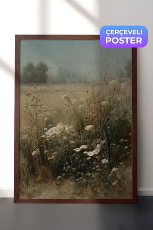 Vintage Duvar Tablosu, Sisli Ova Çiçekleri Kahverengi Çerçeveli No: 20163