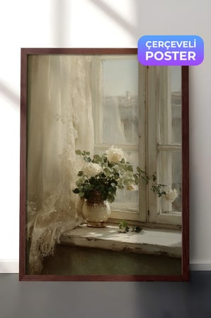 Vintage Duvar Tablosu, Pencere Önünde Çiçek Saksısı Kahverengi Çerçeveli No: 20165
