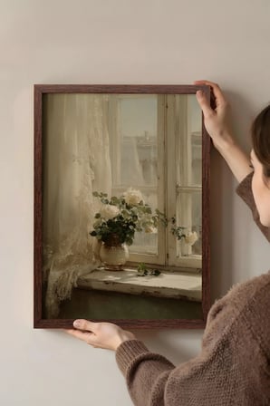 Vintage Duvar Tablosu, Pencere Önünde Çiçek Saksısı Kahverengi Çerçeveli No: 20165