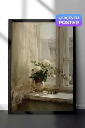 Vintage Duvar Tablosu, Pencere Onunde Cicek Saksisi Siyah Cerceveli No: 20165