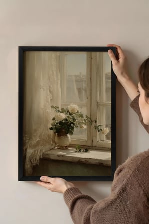 Vintage Duvar Tablosu, Pencere Onunde Cicek Saksisi Siyah Cerceveli No: 20165