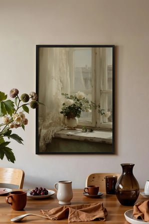 Vintage Duvar Tablosu, Pencere Onunde Cicek Saksisi Siyah Cerceveli No: 20165
