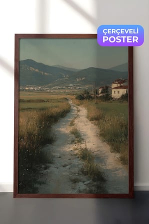 Vintage Duvar Tablosu, Kır Yolunda Köy Manzarası Kahverengi Çerçeveli No: 20171