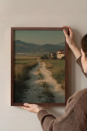 Vintage Duvar Tablosu, Kır Yolunda Köy Manzarası Kahverengi Çerçeveli No: 20171