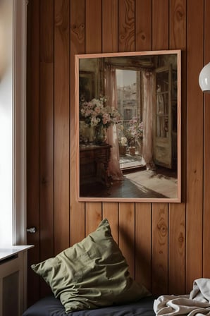 Vintage Duvar Tablosu, Açık Balkon ve Çiçekler Ahşap Çerçeveli No: 20082