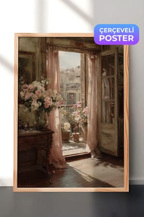 Vintage Duvar Tablosu, Açık Balkon ve Çiçekler Ahşap Çerçeveli No: 20082